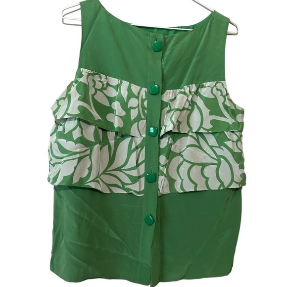 Tibi New York 100% Silk Green and White Floral Button Back Top Size 10 - Picture 3 of 6